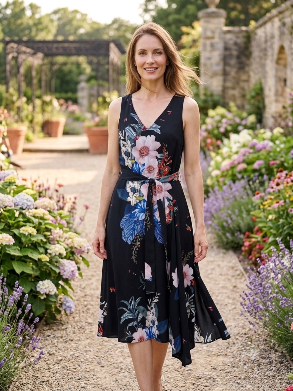 Ted Baker Black Floral Asymmetric Midi Dress - Size 2 / US 6